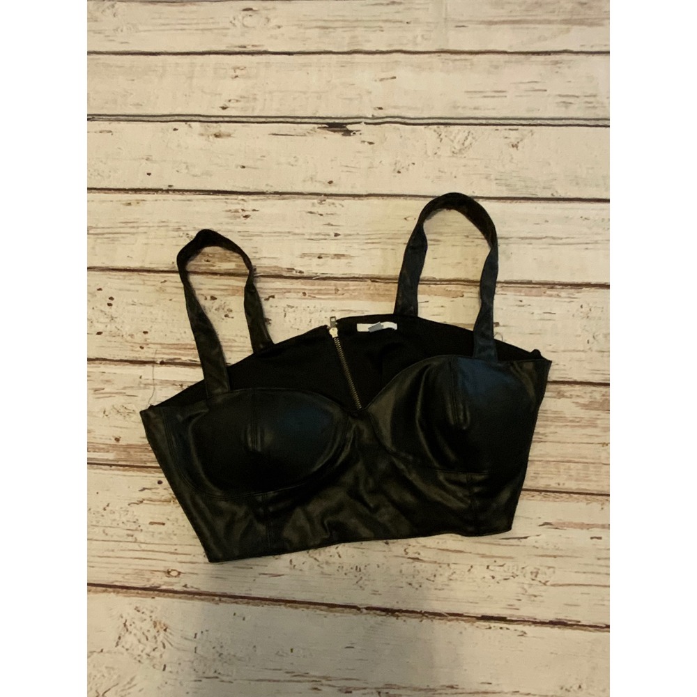 Bar III Black Faux Leather Bustier Crop Top Zip Front Sweetheart Neck XL